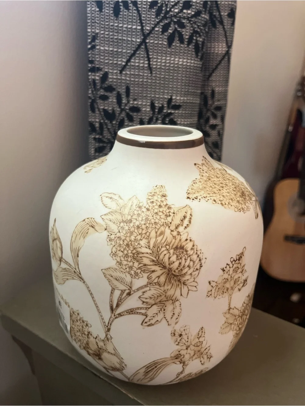 Vintage-Style Cream Floral Ceramic Vase with Brown Accents